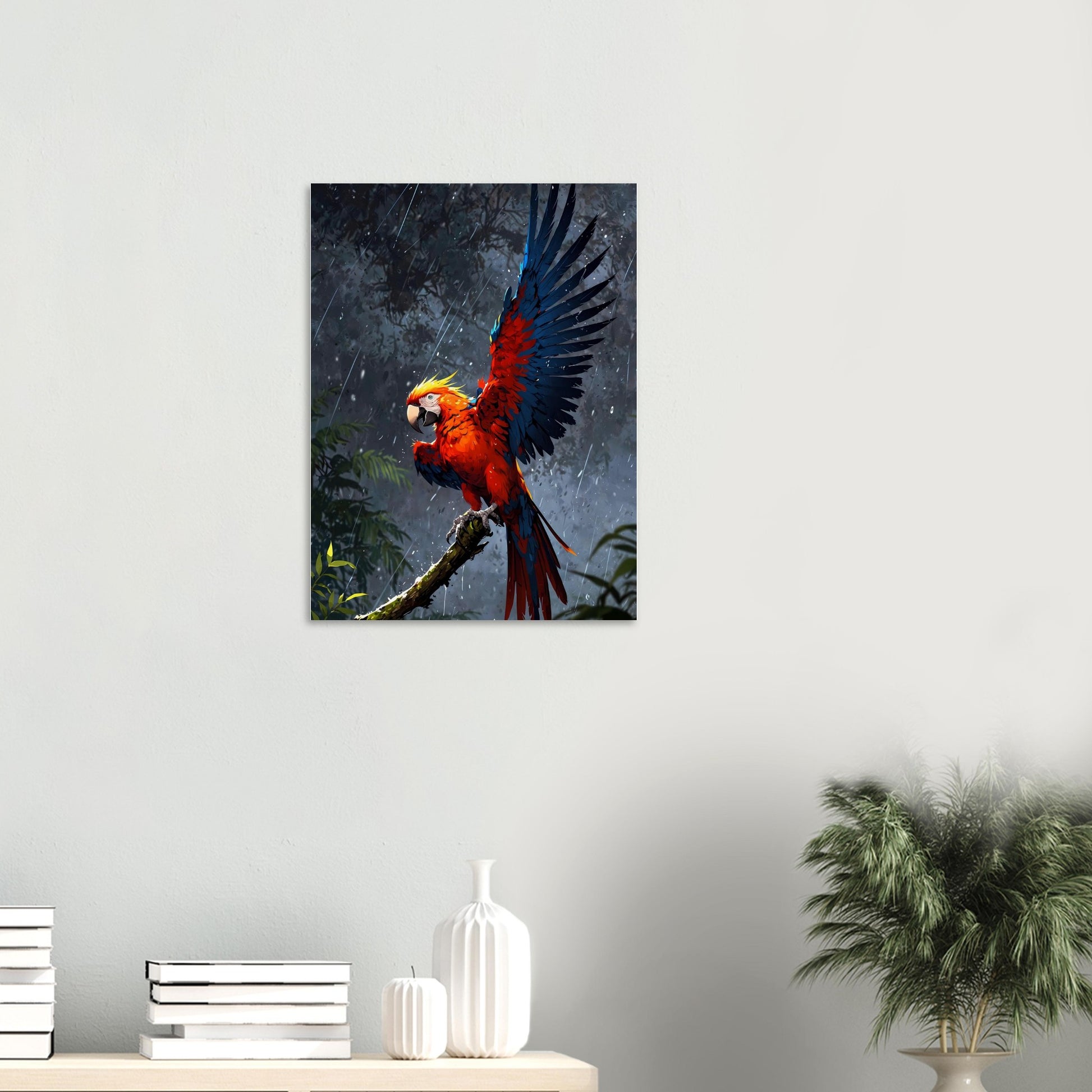Affiche Perroquet ara rouge, mise en situation dans un intérieur (vue 2)
