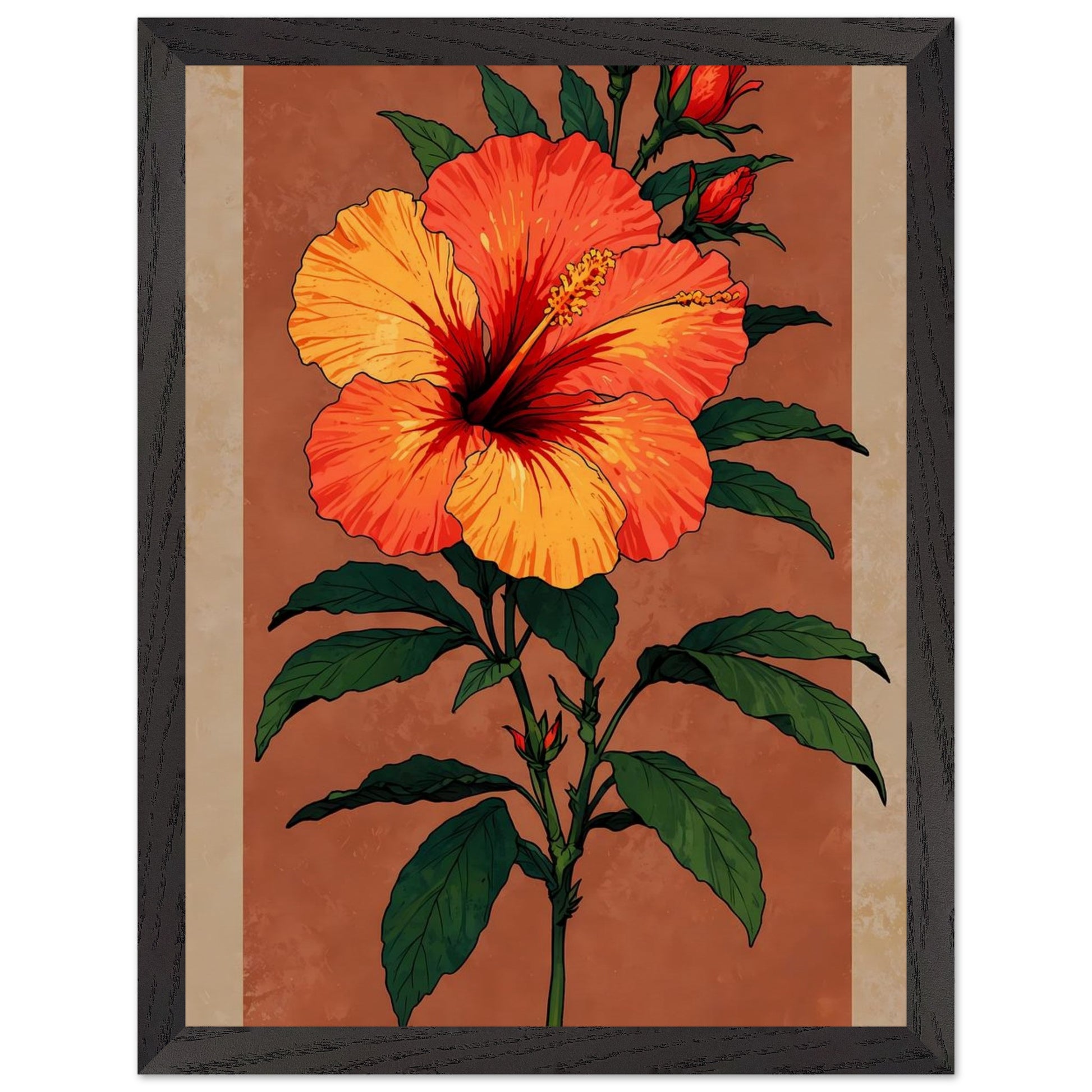Affiche Hibiscus Rouge Tropical encadrée, cadre bois