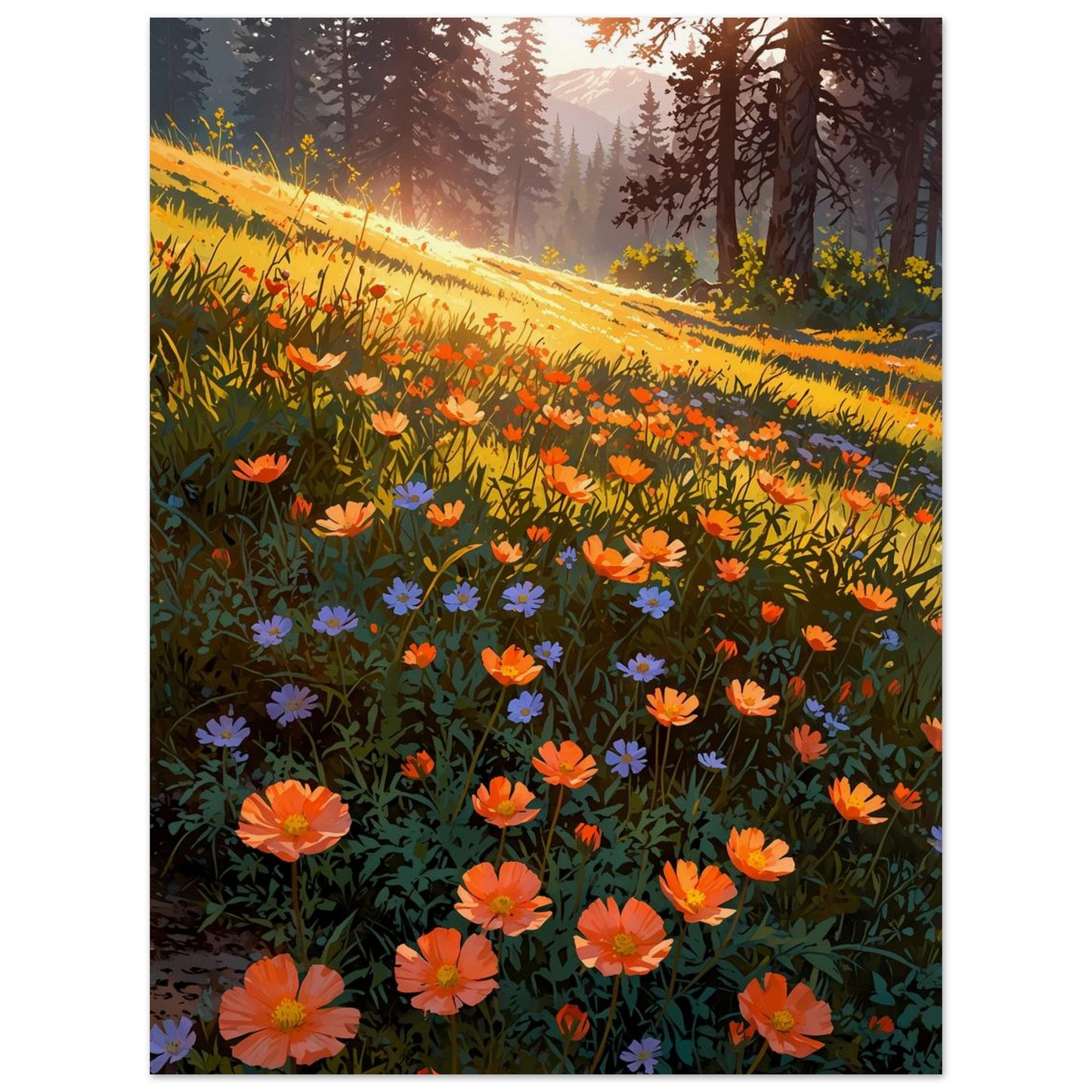 Affiche illustrée Prairie de renoncules orangées — poster rétro, impression beaux-arts 250g