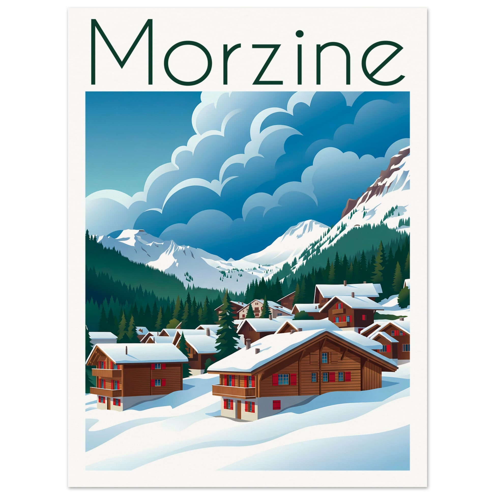 Affiche illustrée Morzine, poster rétro, impression beaux-arts 250g