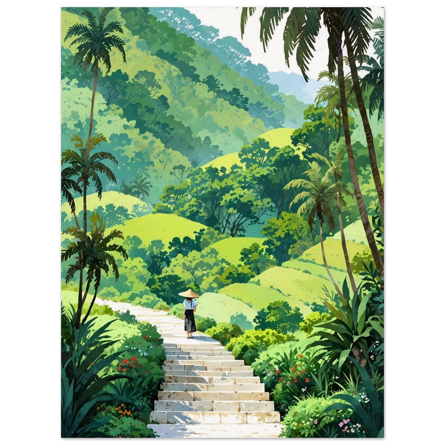 Affiche illustrée Rizière en terrasses — poster rétro, impression beaux-arts 250g