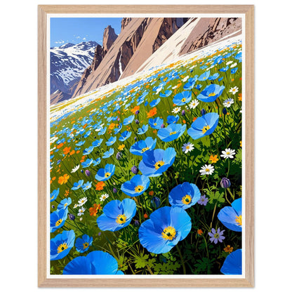 Affiche illustrée Champ de pavots bleus de l'Himalaya Encadrée — poster rétro, impression beaux-arts 250g
