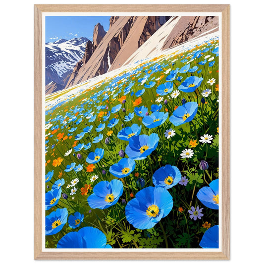 Affiche illustrée Champ de pavots bleus de l'Himalaya Encadrée — poster rétro, impression beaux-arts 250g
