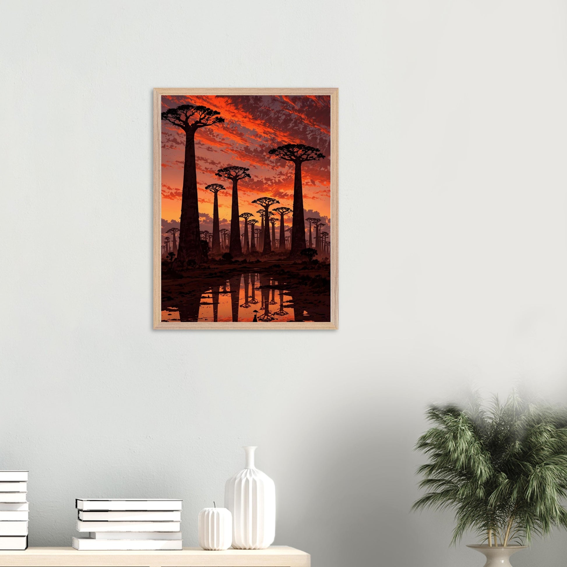 Affiche Baobabs au coucher du soleil encadrée, cadre bois (vue 5)