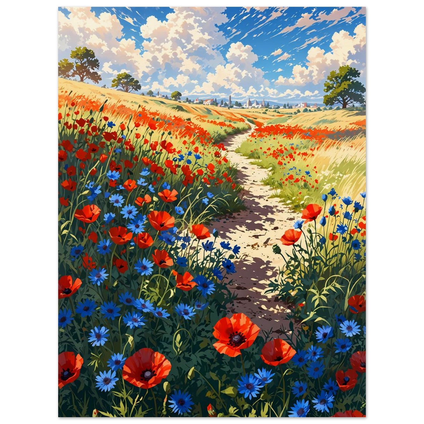Affiche illustrée Champ de pavots et bleuets — poster rétro, impression beaux-arts 250g