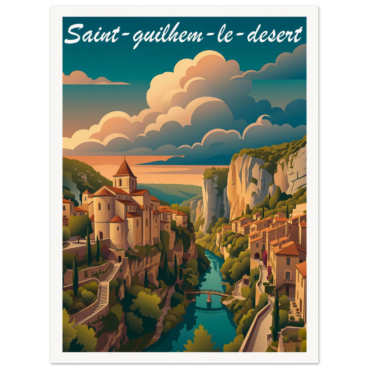 Affiche illustrée Saint-Guilhem-le-Desert — poster rétro, impression beaux-arts 250g