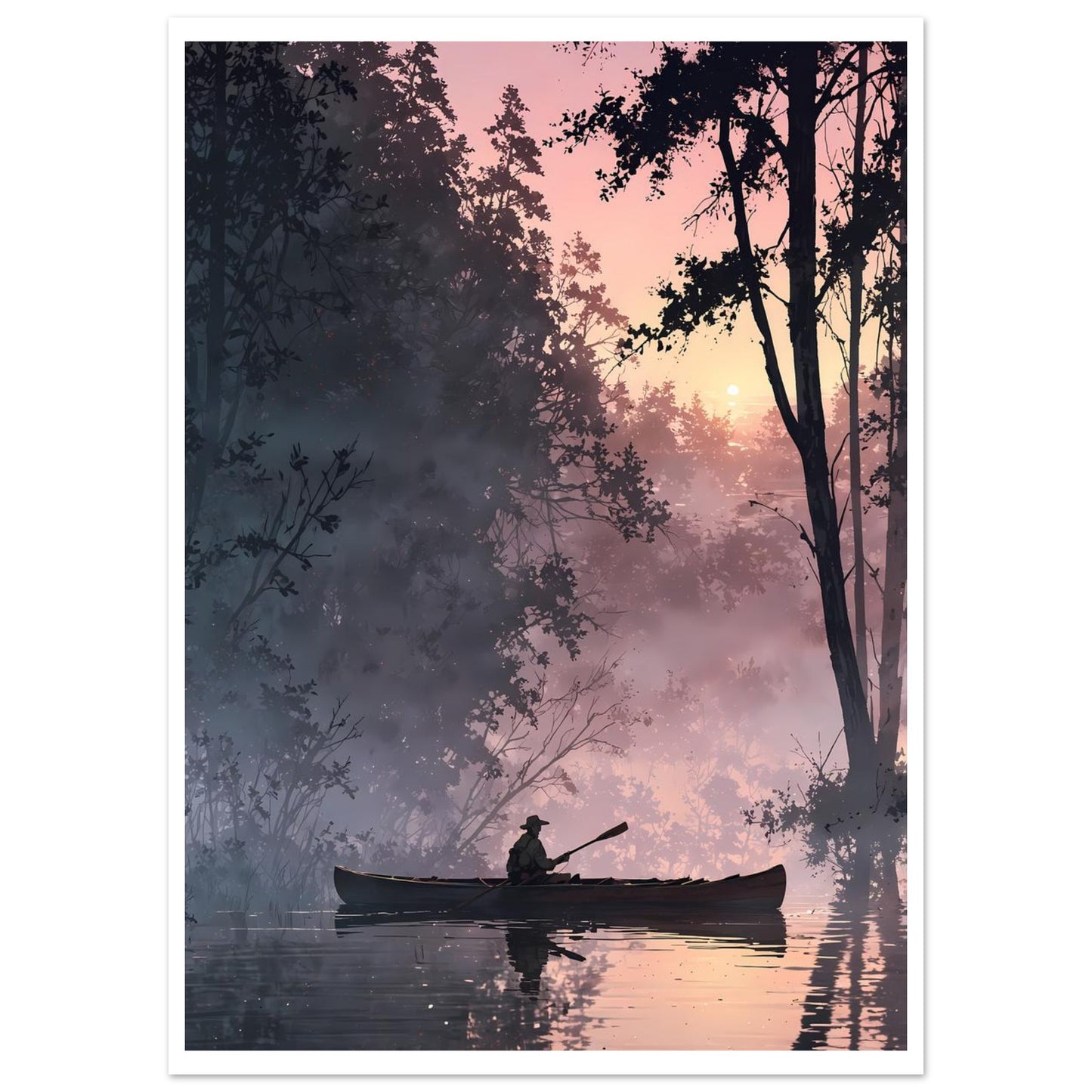 Pêcheur, Brume sur le lac, Aurore brumeuse, Pirogue – affiche d'art décoratif, poster mural | Muchimura