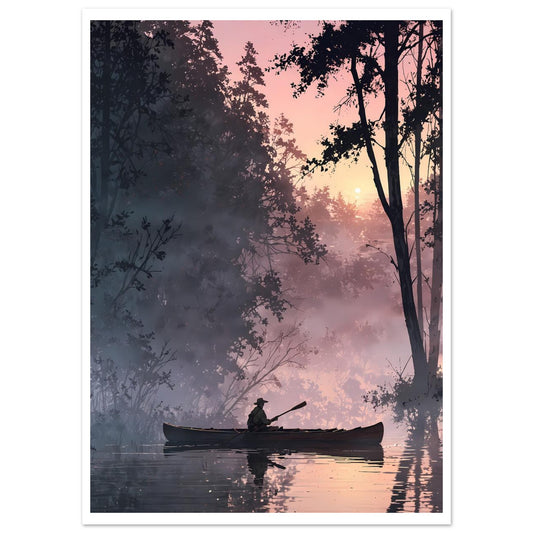 Pêcheur, Brume sur le lac, Aurore brumeuse, Pirogue – affiche d'art décoratif, poster mural | Muchimura