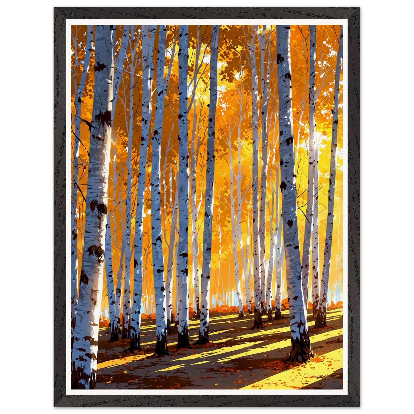 Affiche illustrée Forêt de bouleaux en automne Encadrée — poster rétro, impression beaux-arts 250g