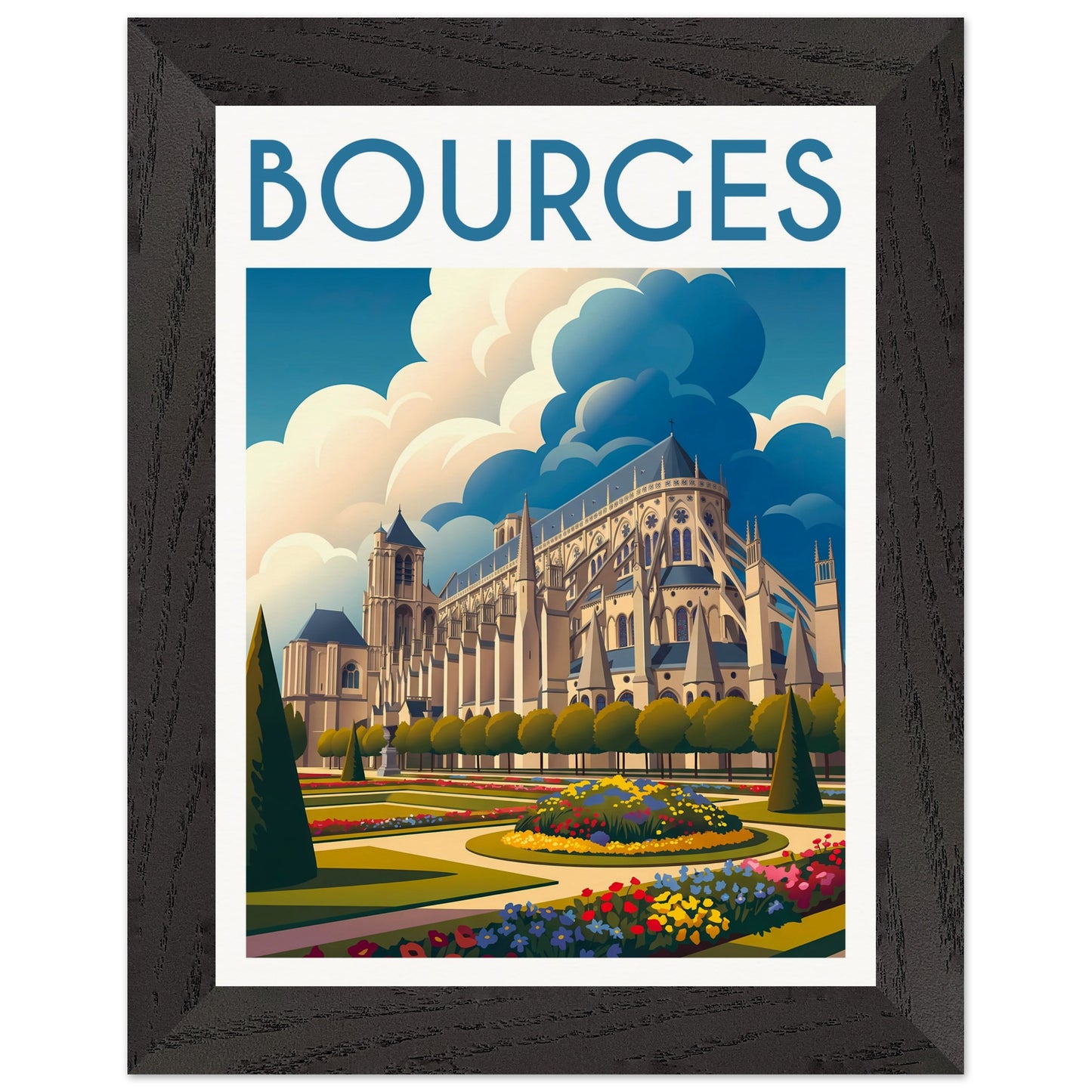 Tableau encadré Bourges 45x60 cm — cadre noir — illustration style rétro