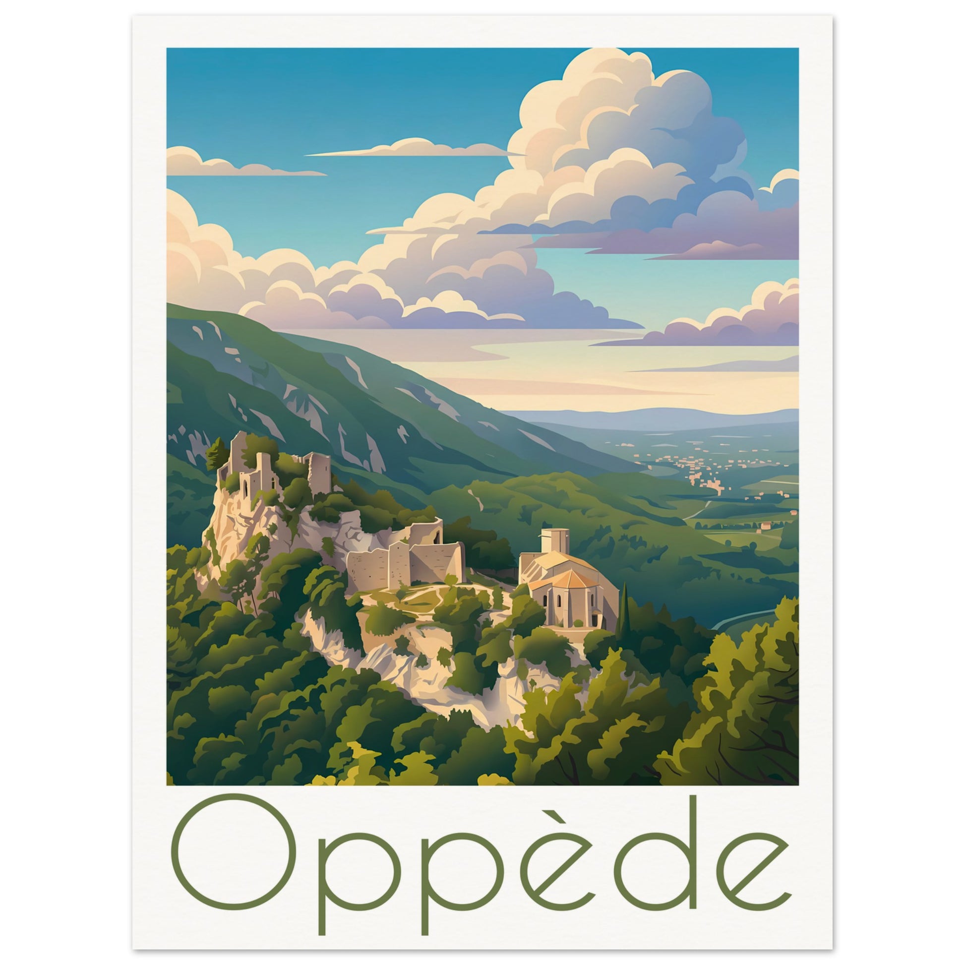 Affiche illustrée Oppède, poster rétro, impression beaux-arts 250g