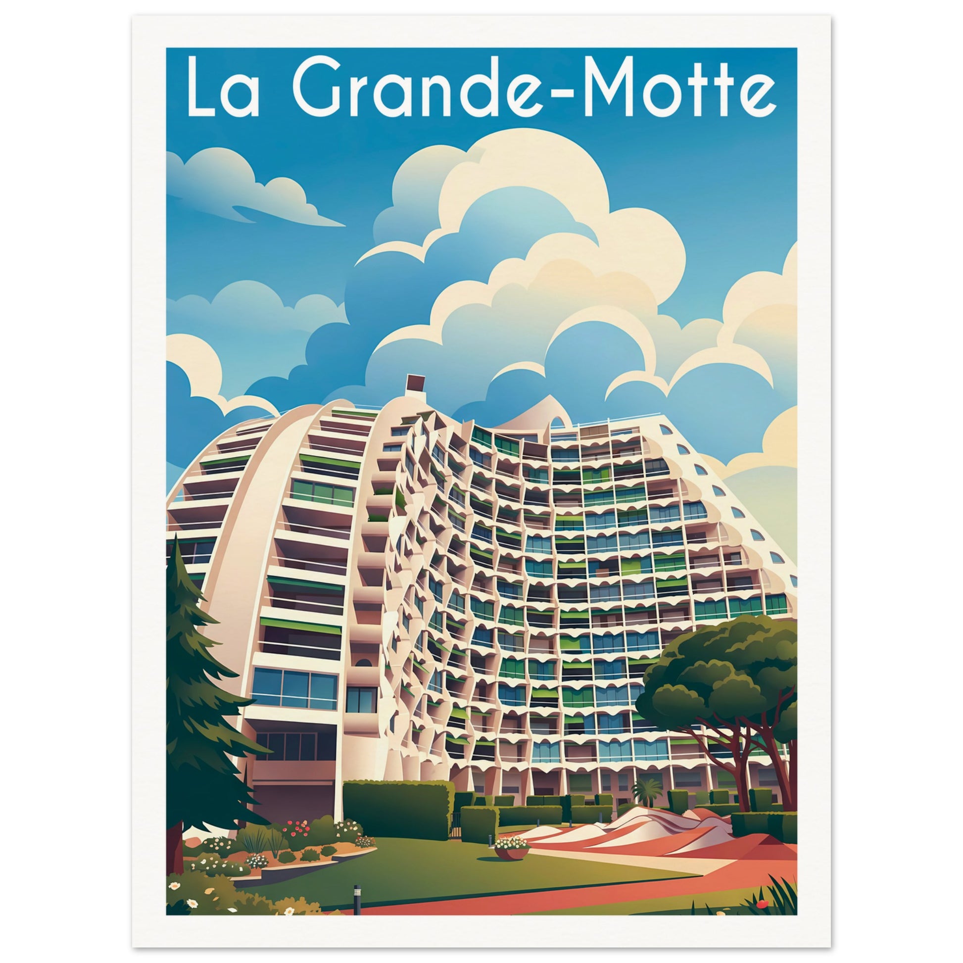 Affiche illustrée la grande motte, poster rétro, impression beaux-arts 250g