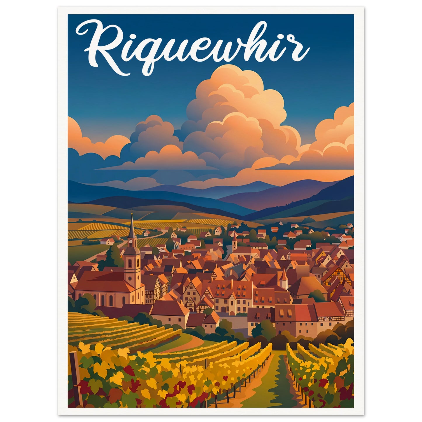 Affiche illustrée Riquewhir — poster rétro, impression beaux-arts 250g