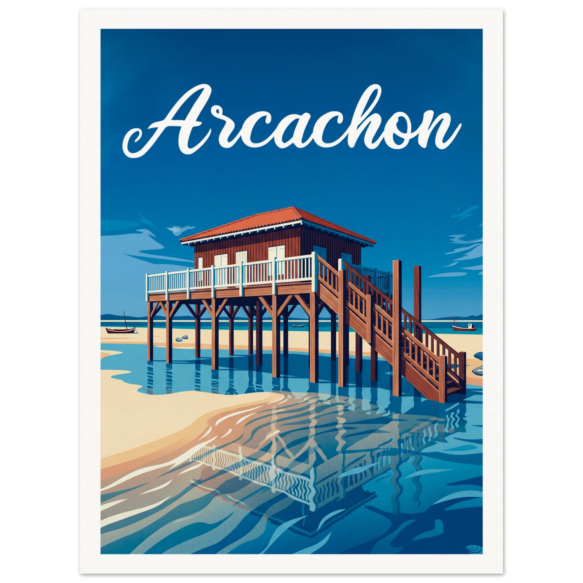 Affiche illustrée Arcachon, poster rétro, impression beaux-arts 250g