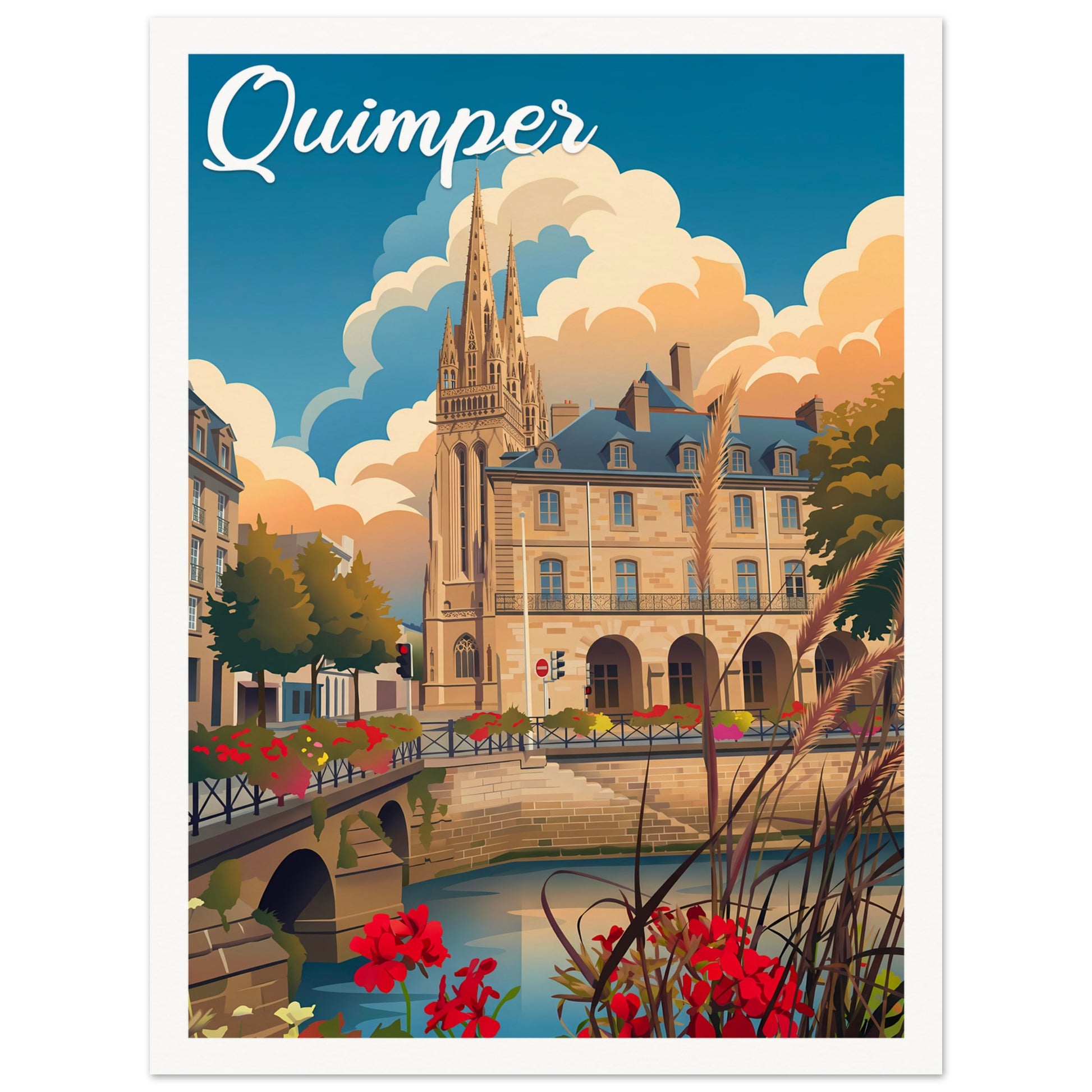 Affiche illustrée Quimper, poster rétro, impression beaux-arts 250g