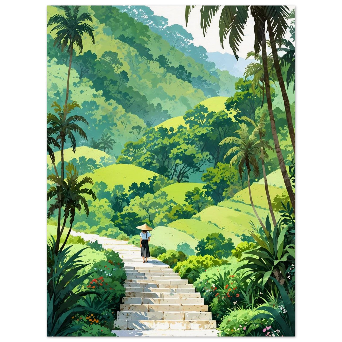 Affiche illustrée Rizière en terrasses — poster rétro, impression beaux-arts 250g