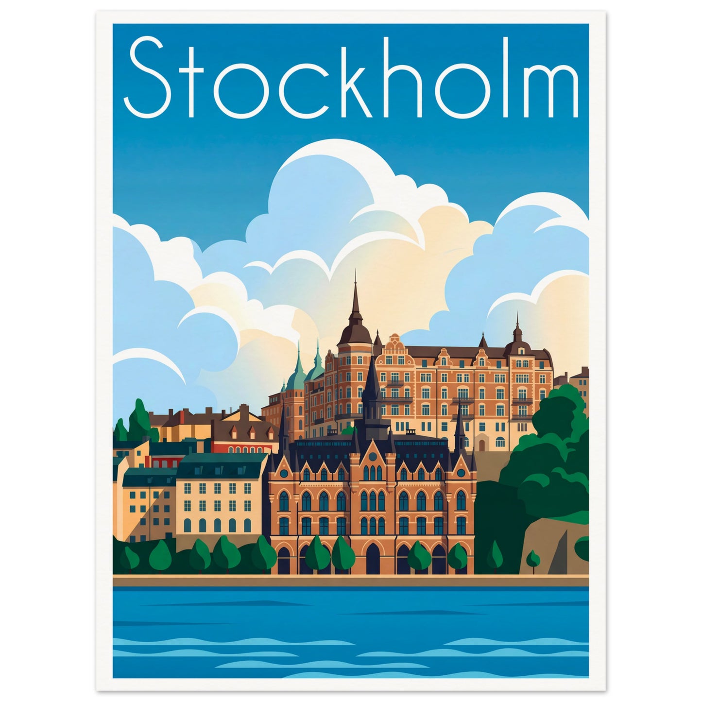 Affiche illustrée Stockholm — poster rétro, impression beaux-arts 250g