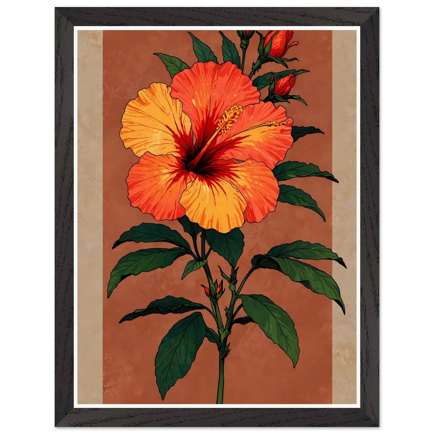 Affiche illustrée Hibiscus rouge tropical Encadrée — poster rétro, impression beaux-arts 250g