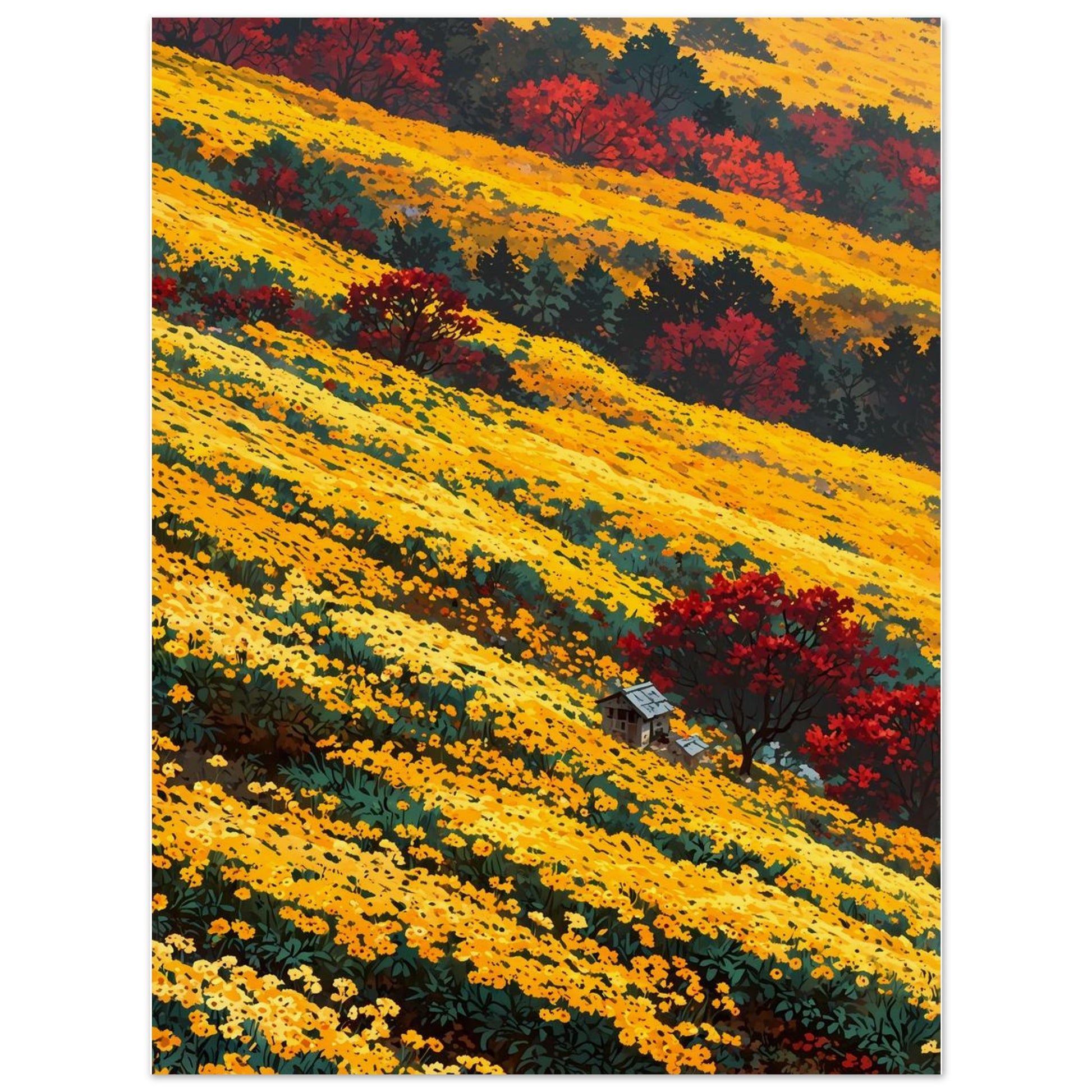 Affiche illustrée Champ de chrysanthèmes jaunes, poster rétro, impression beaux-arts 250g