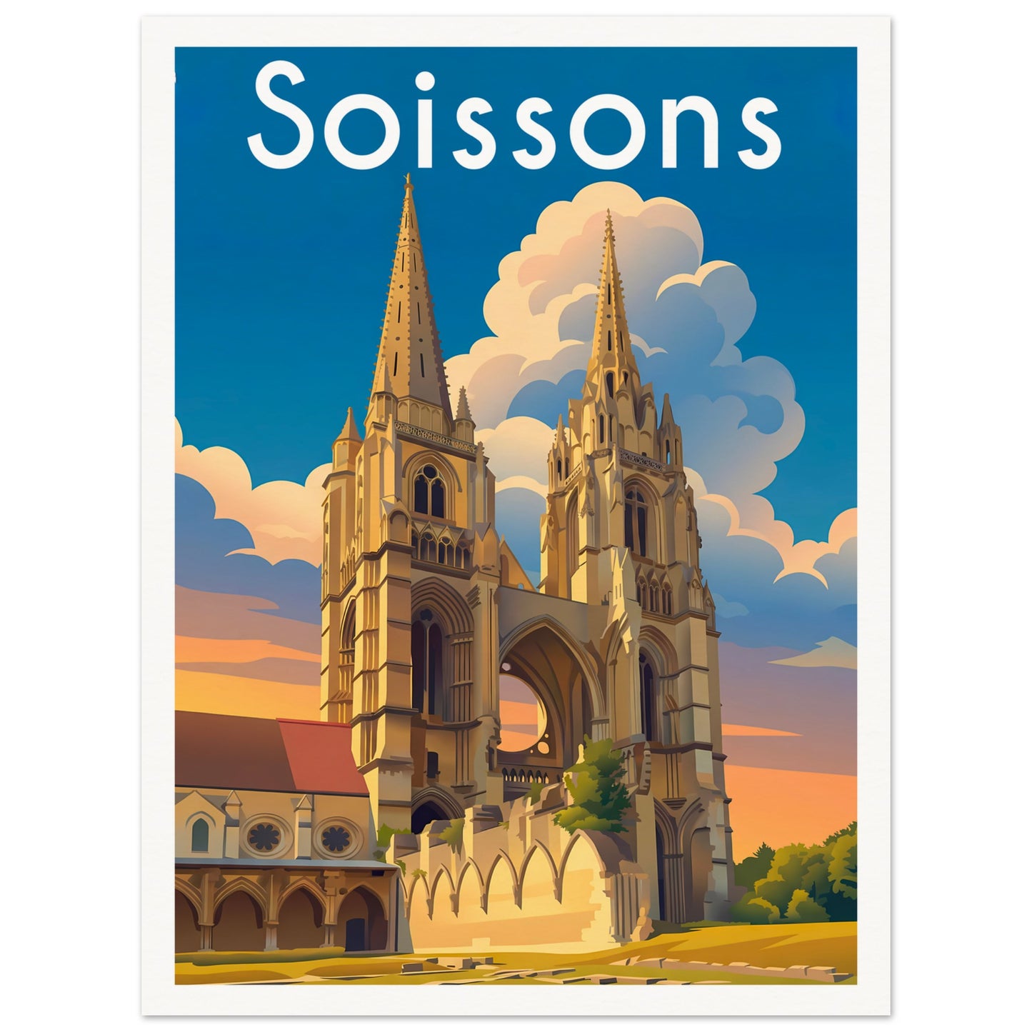 Affiche illustrée Soissons — poster rétro, impression beaux-arts 250g