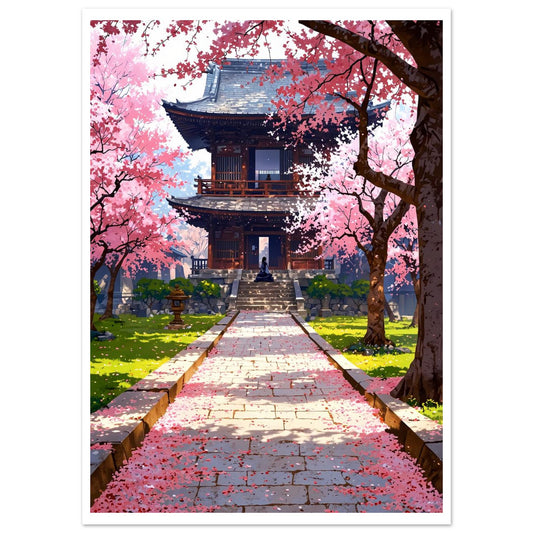 Prairie de fleurs de cerisier tombées, Temple japonais – affiche d'art décoratif, poster mural | Muchimura