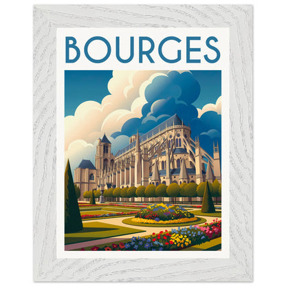 Tableau encadré Bourges 15x20 cm — cadre blanc bois — illustration rétro