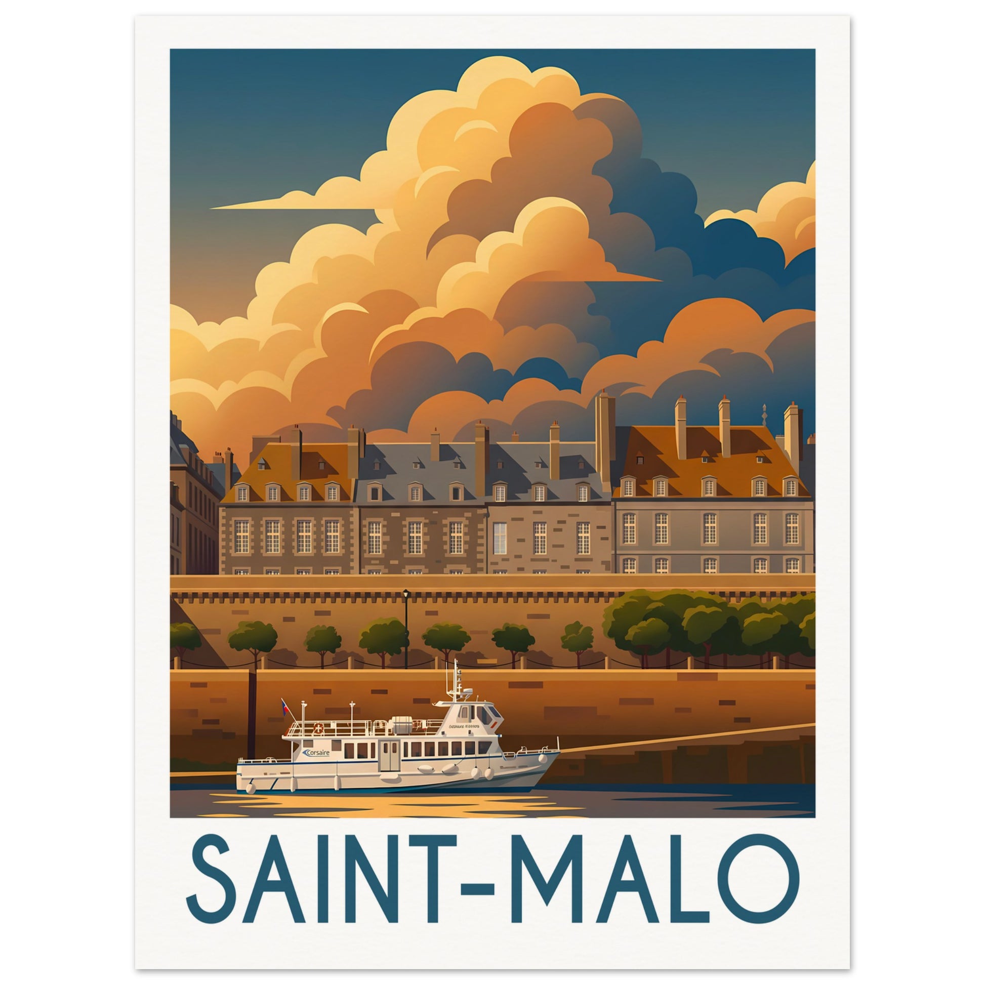 Affiche illustrée Saint-Malo, poster rétro, impression beaux-arts 250g