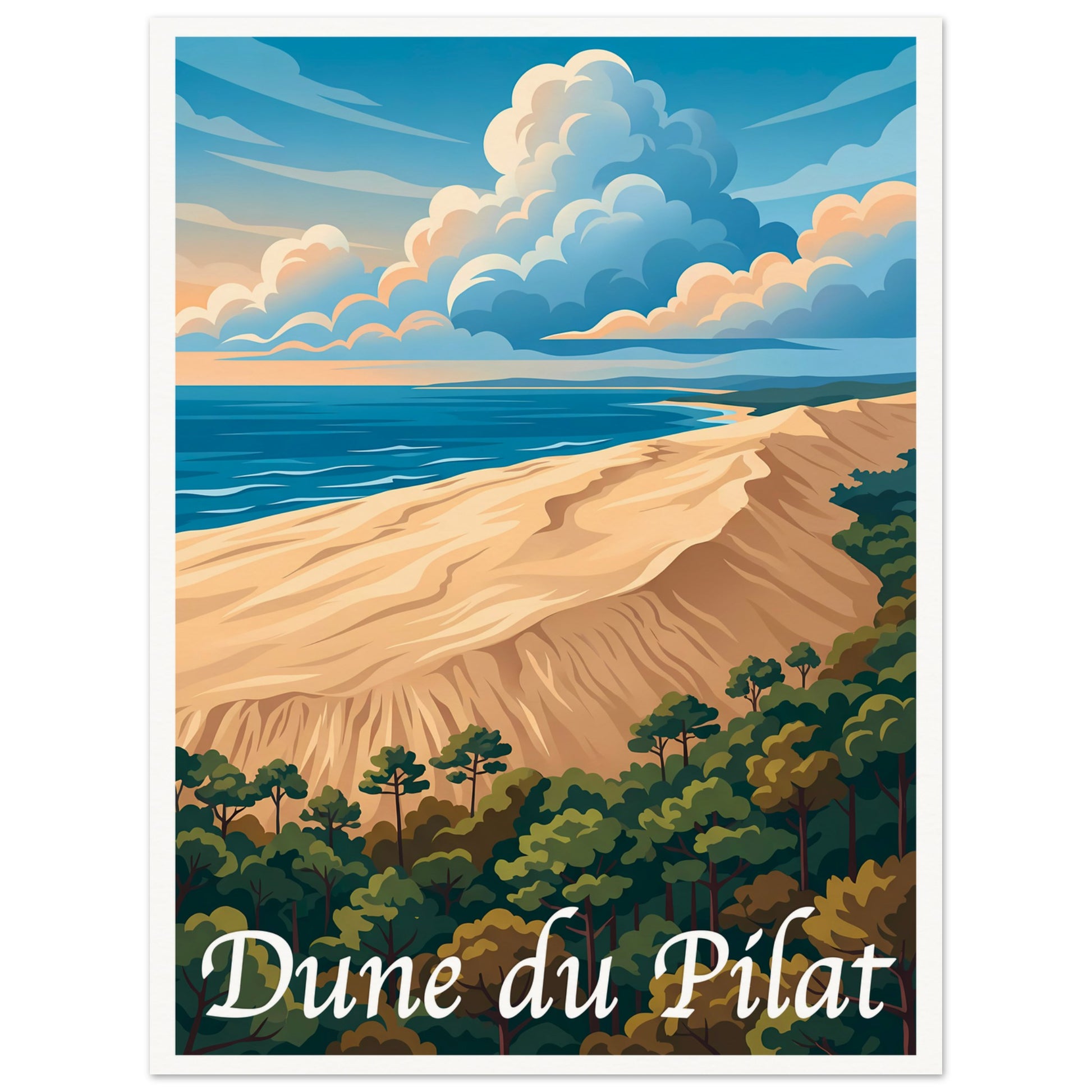 Affiche illustrée Dune du Pilat — poster rétro, impression beaux-arts 250g