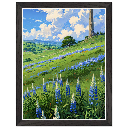 Affiche illustrée Champ de lupin bleu et violet Encadrée — poster rétro, impression beaux-arts 250g