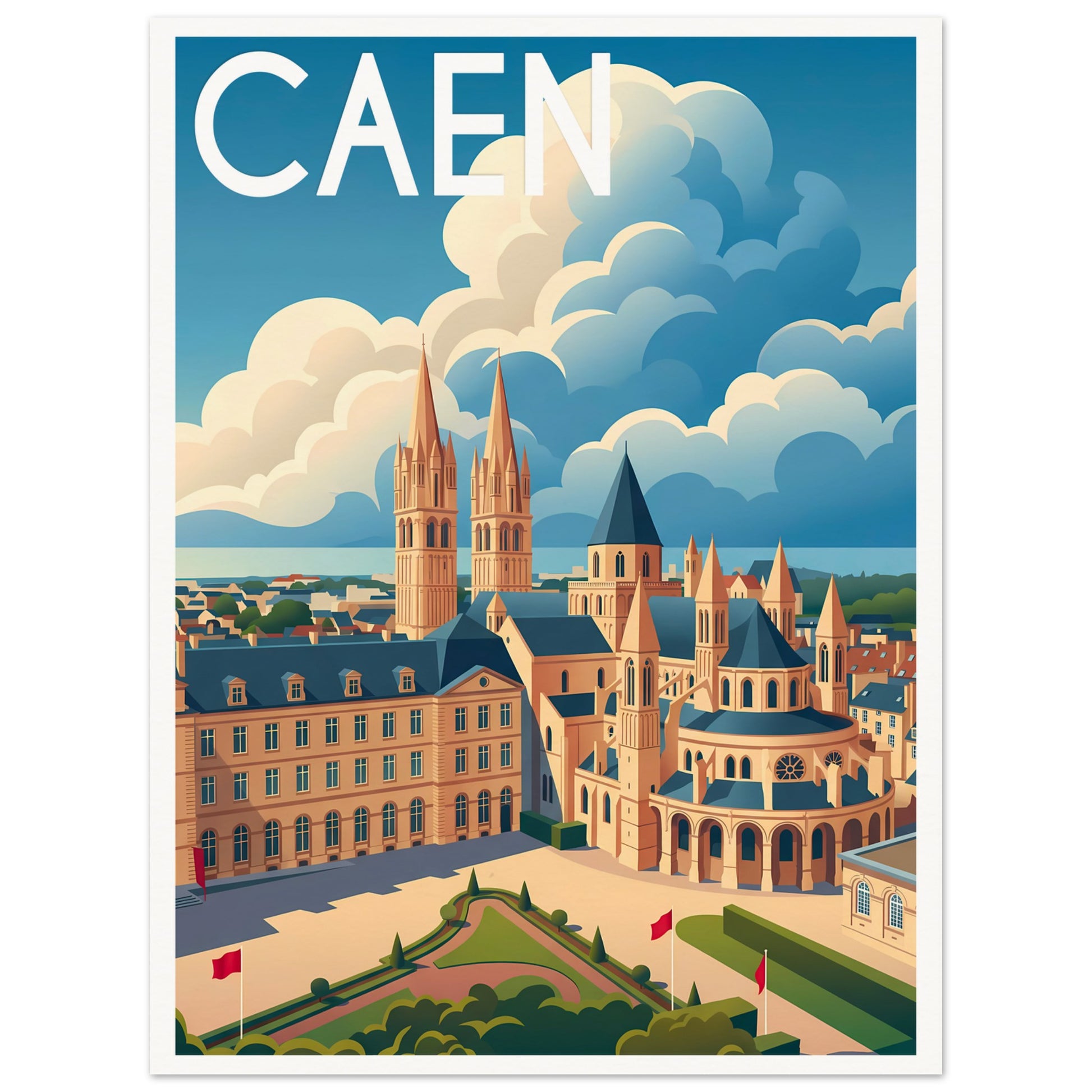 Affiche illustrée Caen — poster rétro, impression beaux-arts 250g