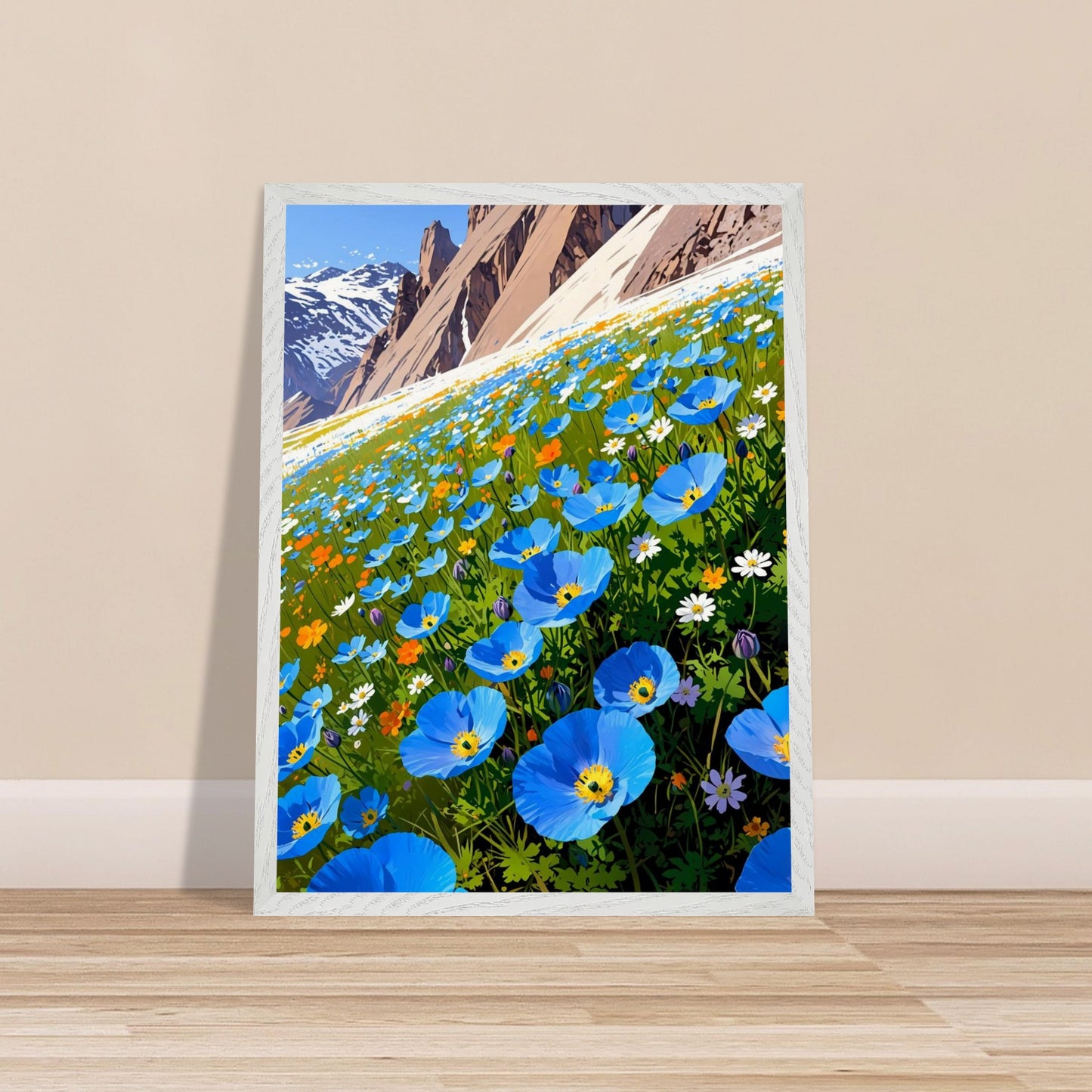 Affiche Champ de pavots bleus de l'Himalaya Encadrée encadrée, cadre bois (vue 2)