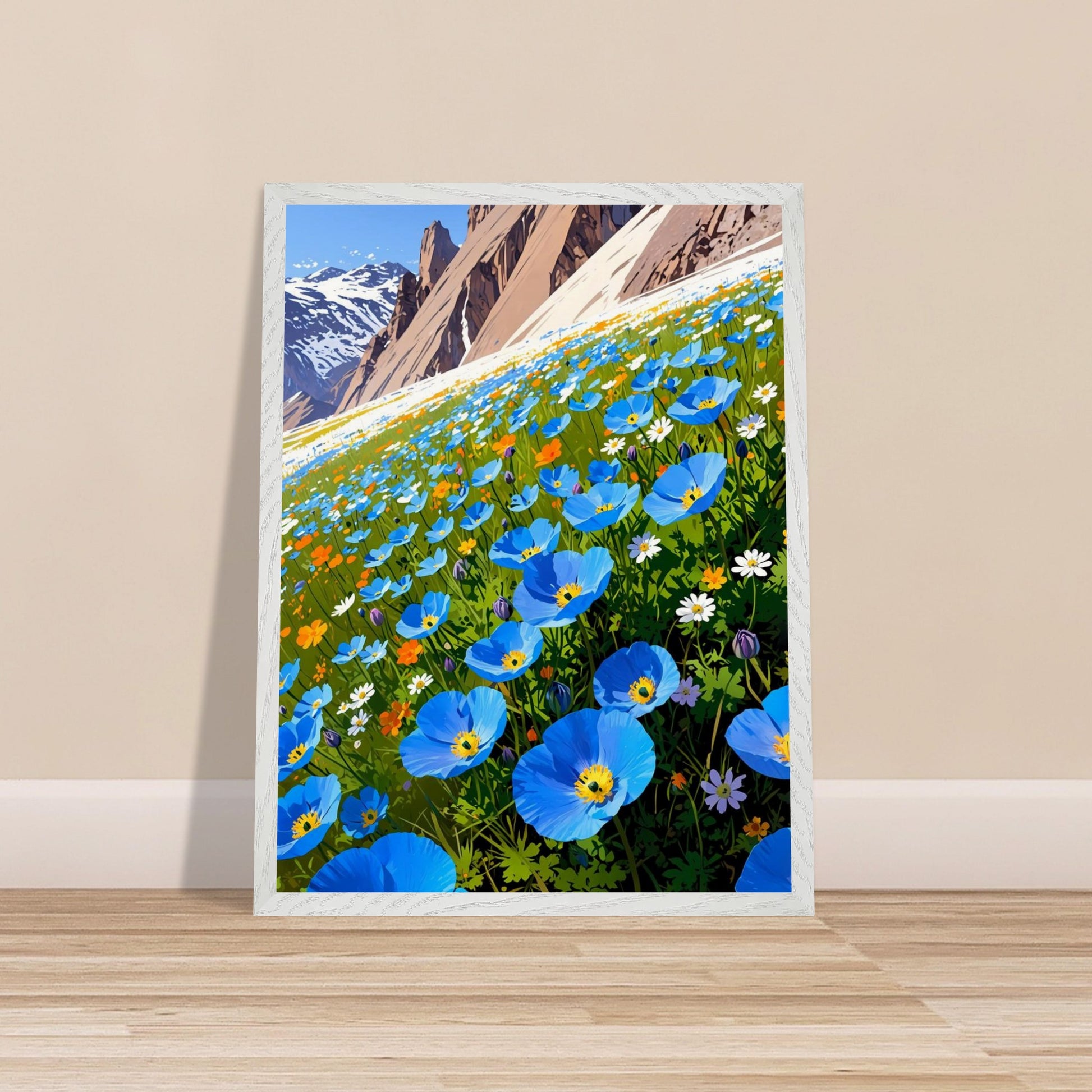 Affiche Champ de pavots bleus de l'Himalaya Encadrée encadrée, cadre bois (vue 2)