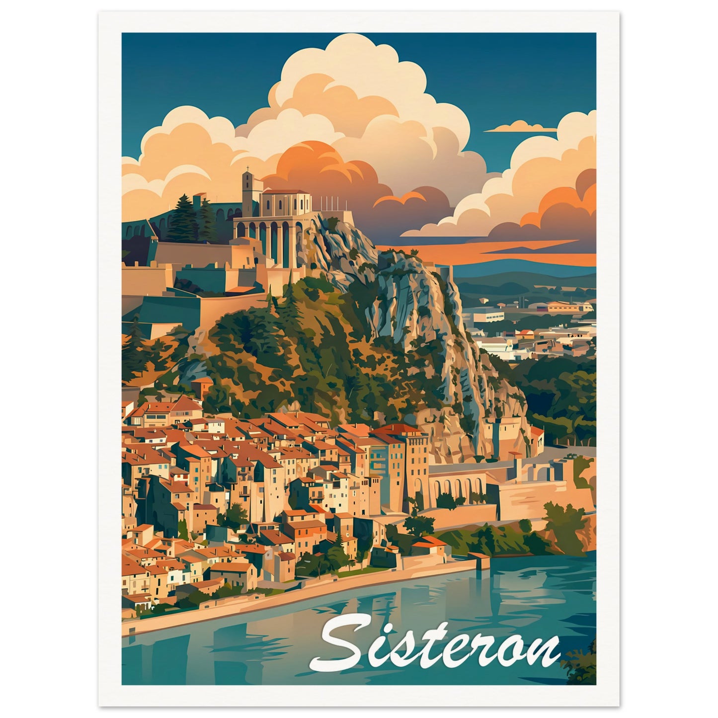 Affiche illustrée Sisteron — poster rétro, impression beaux-arts 250g