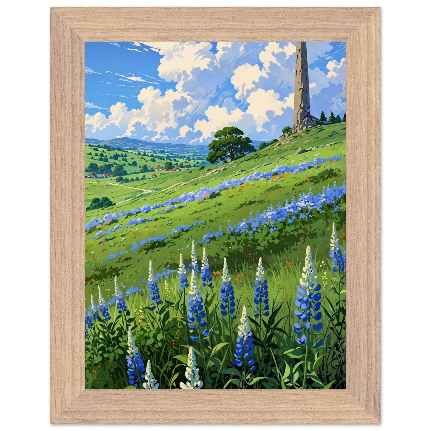 Affiche illustrée Champ de lupin bleu et violet Encadrée — poster rétro, impression beaux-arts 250g