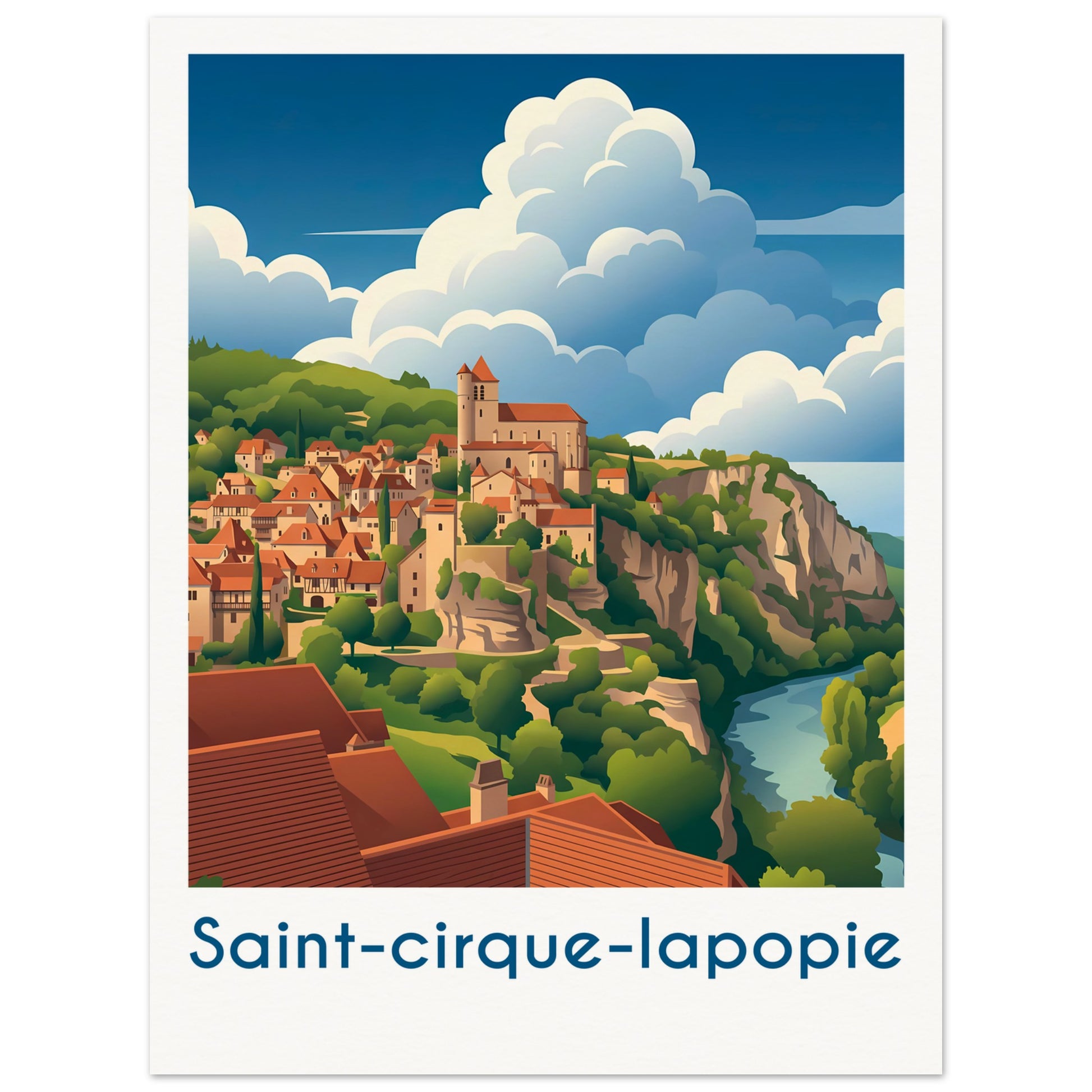 Affiche illustrée Saint-Cirq-Lapopie, poster rétro, impression beaux-arts 250g