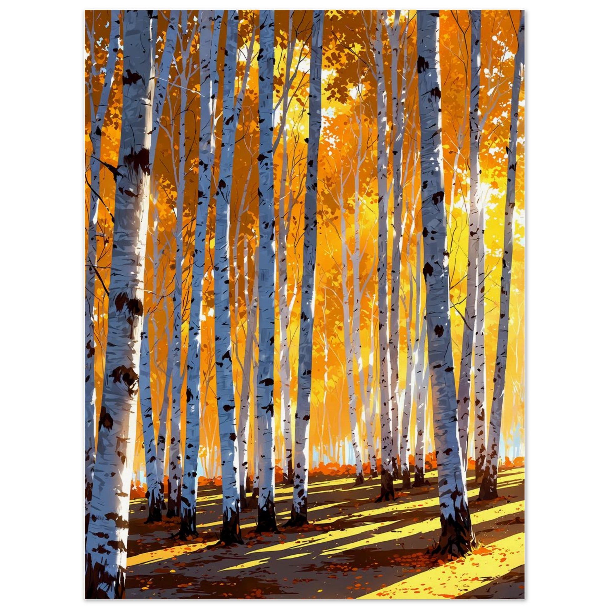 Affiche illustrée Forêt de bouleaux en automne, poster rétro, impression beaux-arts 250g