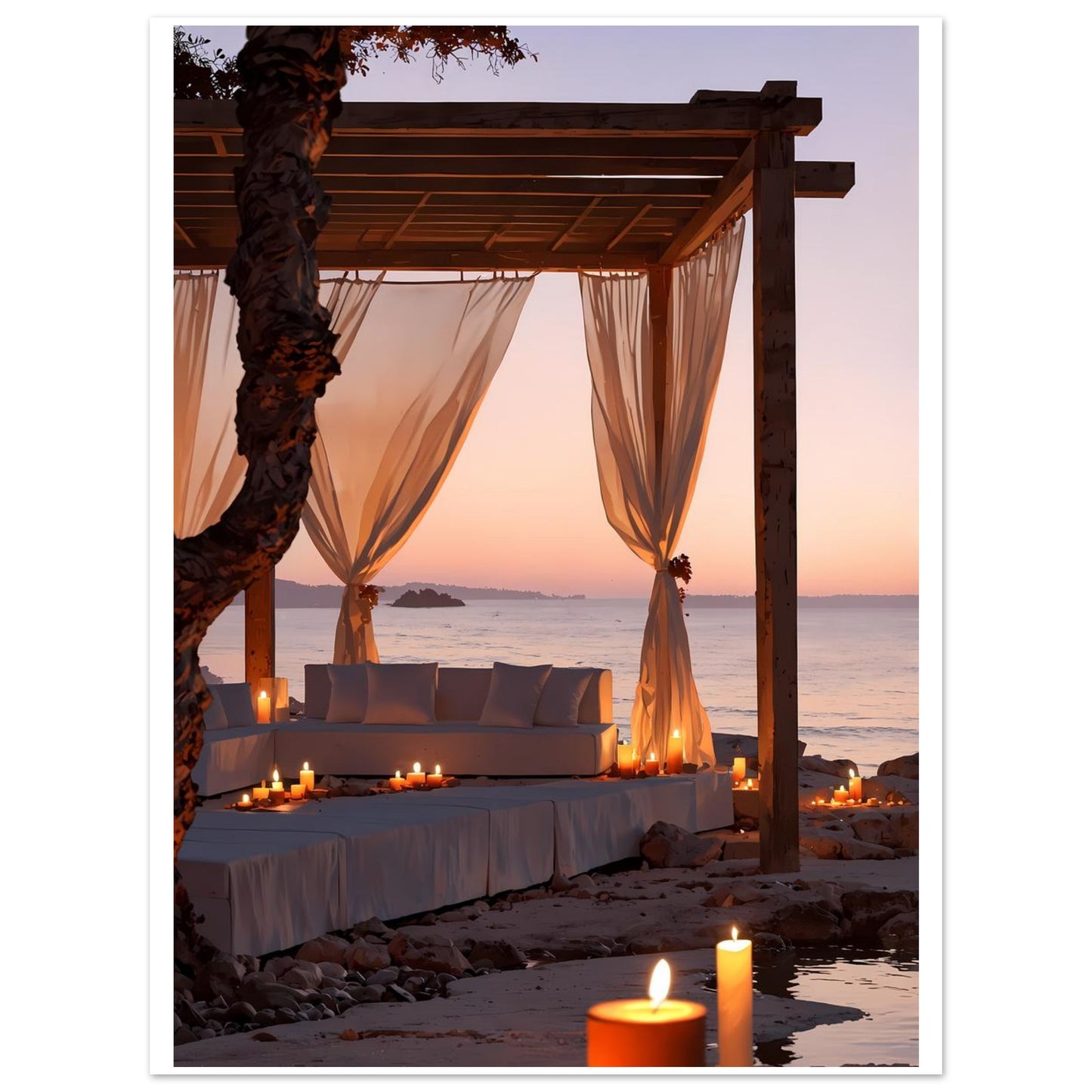 Lounge de plage, Ibiza, Coucher de soleil orange – affiche d'art décoratif, poster mural | Muchimura