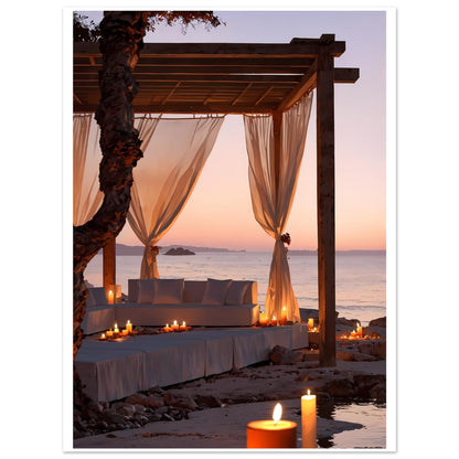 Lounge de plage, Ibiza, Coucher de soleil orange – affiche d'art décoratif, poster mural | Muchimura