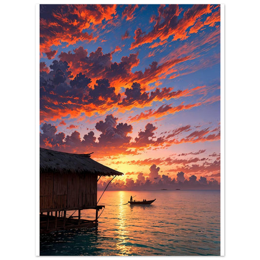 Plage de Maldives, Bungalows sur pilotis, Coucher de soleil corail – affiche d'art décoratif, poster mural | Muchimura