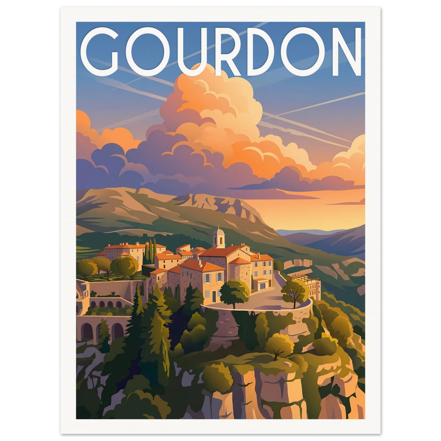 Affiche illustrée Gourdon — poster rétro, impression beaux-arts 250g