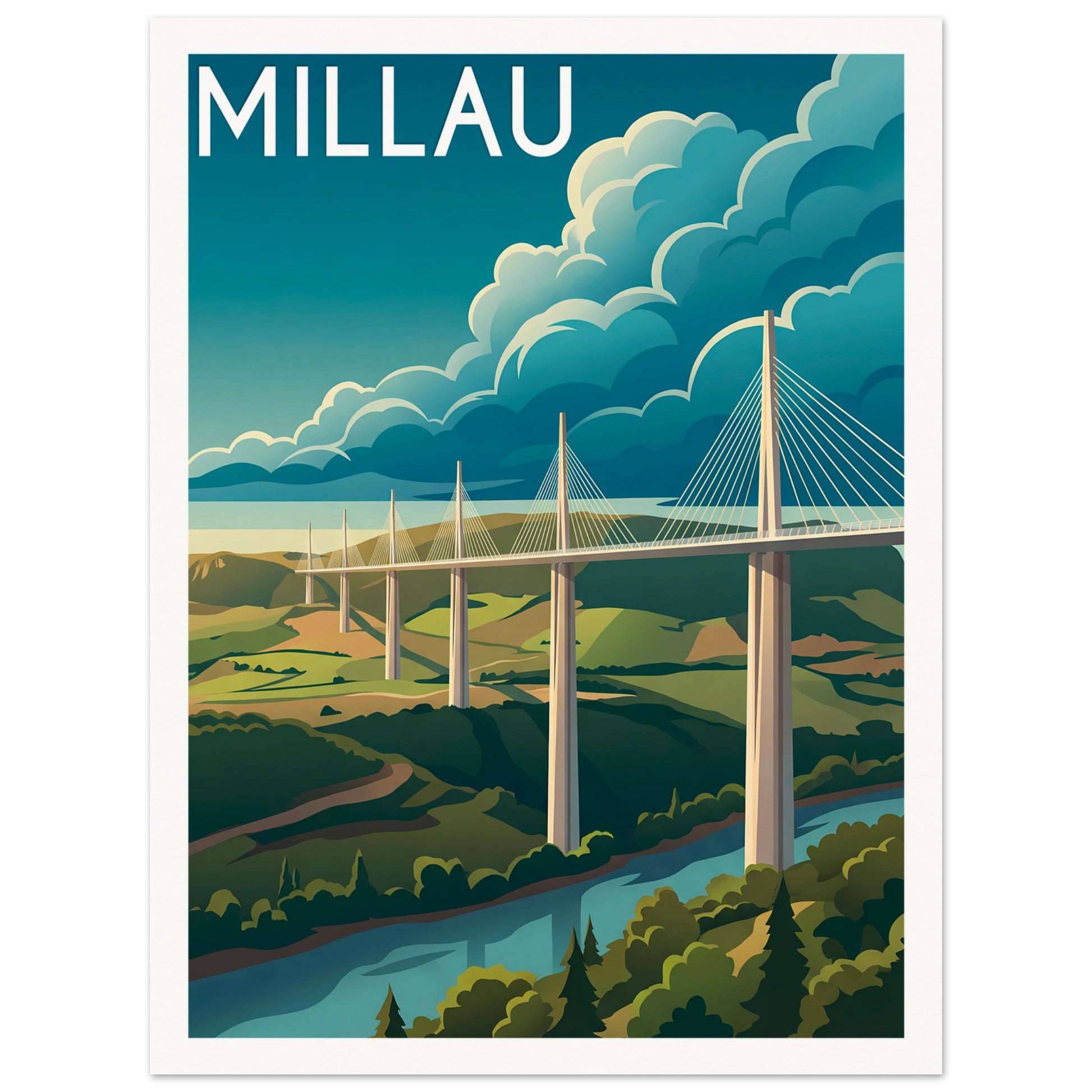 Affiche illustrée Millau, poster rétro, impression beaux-arts 250g