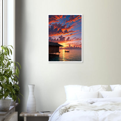Plage de Maldives, Bungalows sur pilotis, Coucher de soleil corail – affiche d'art décoratif, poster mural | Muchimura