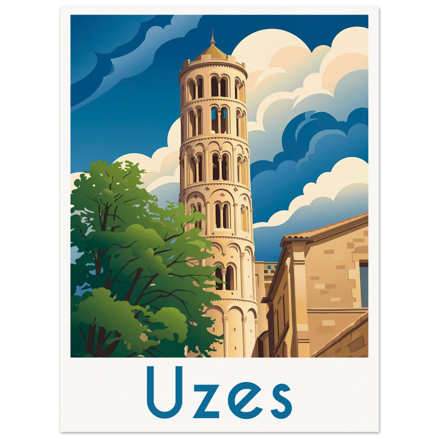 Affiche illustrée Uzes — poster rétro, impression beaux-arts 250g