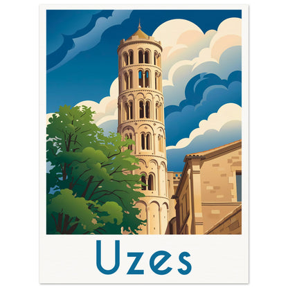 Affiche illustrée Uzes — poster rétro, impression beaux-arts 250g