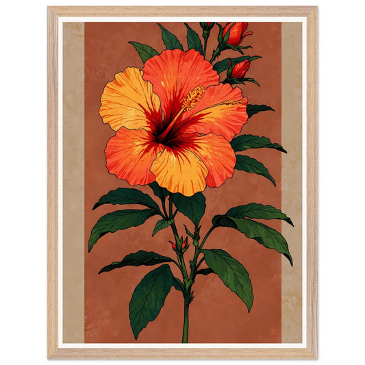 Affiche illustrée Hibiscus rouge tropical Encadrée — poster rétro, impression beaux-arts 250g