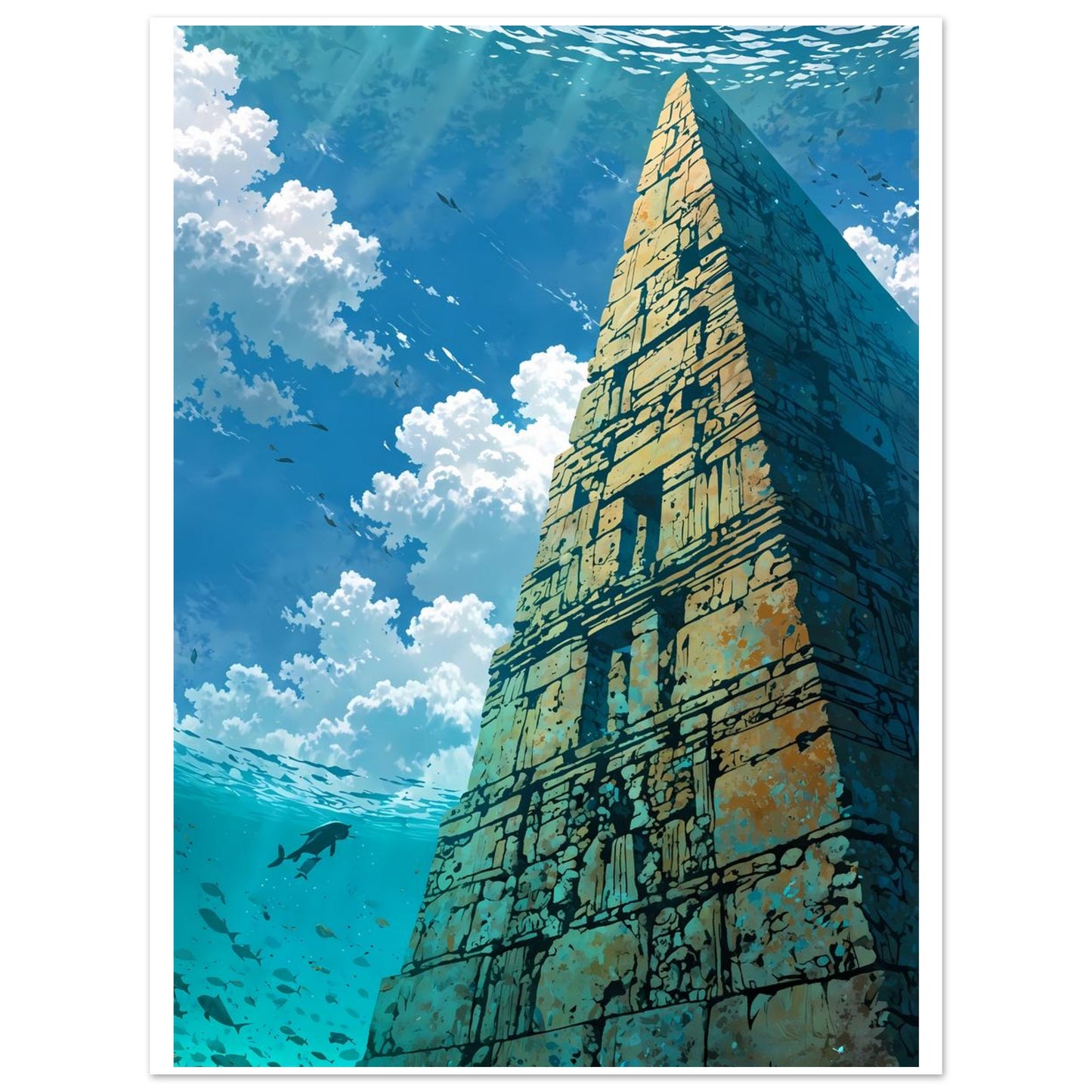 Pyramide engloutie, Surface de la mer, Plongeur solitaire – affiche d'art décoratif, poster mural | Muchimura