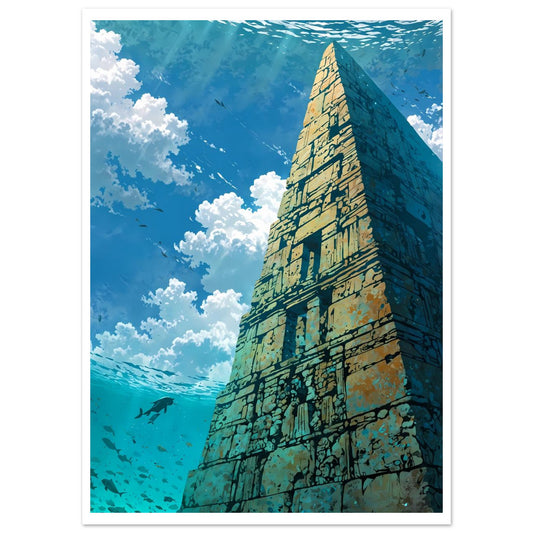 Pyramide engloutie, Surface de la mer, Plongeur solitaire – affiche d'art décoratif, poster mural | Muchimura