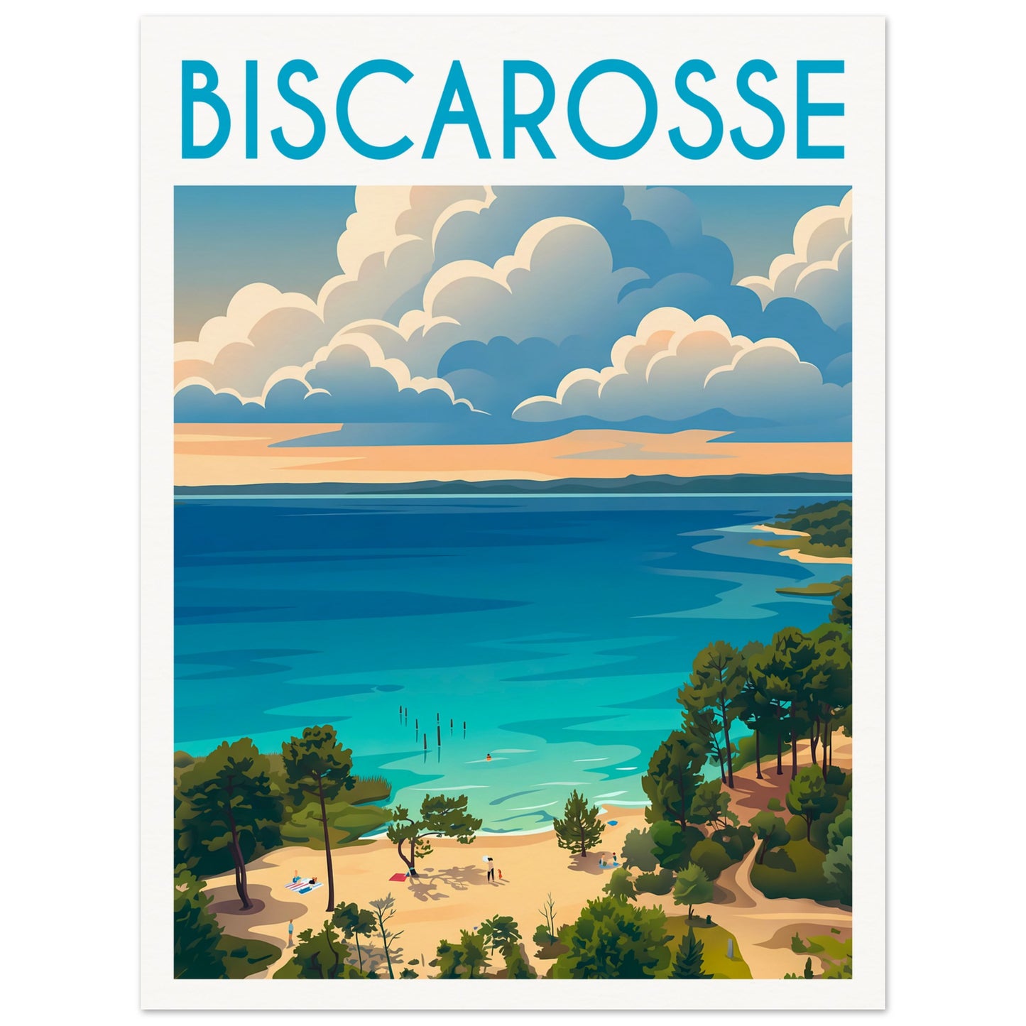 Affiche illustrée Biscarosse — poster rétro, impression beaux-arts 250g