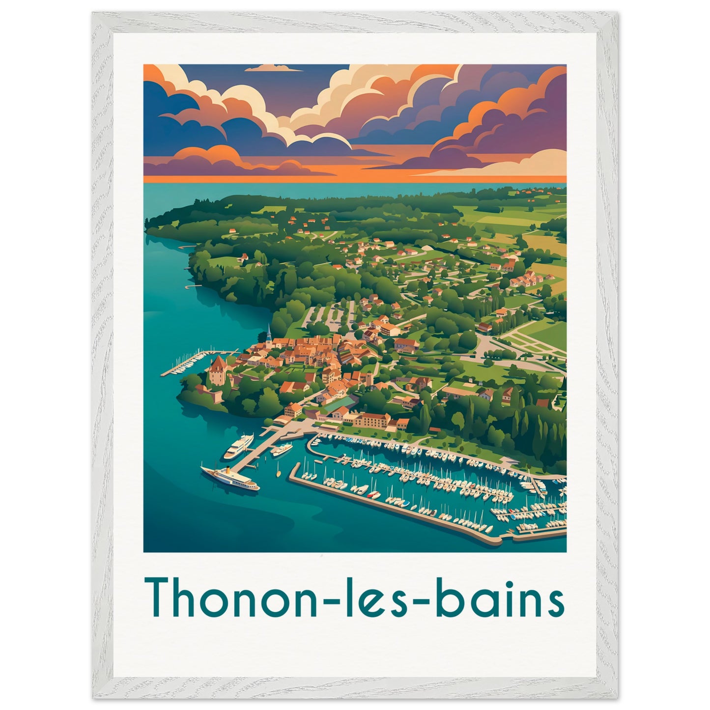 Affiche illustrée Thonon-les-Bains — poster rétro, impression beaux-arts 250g