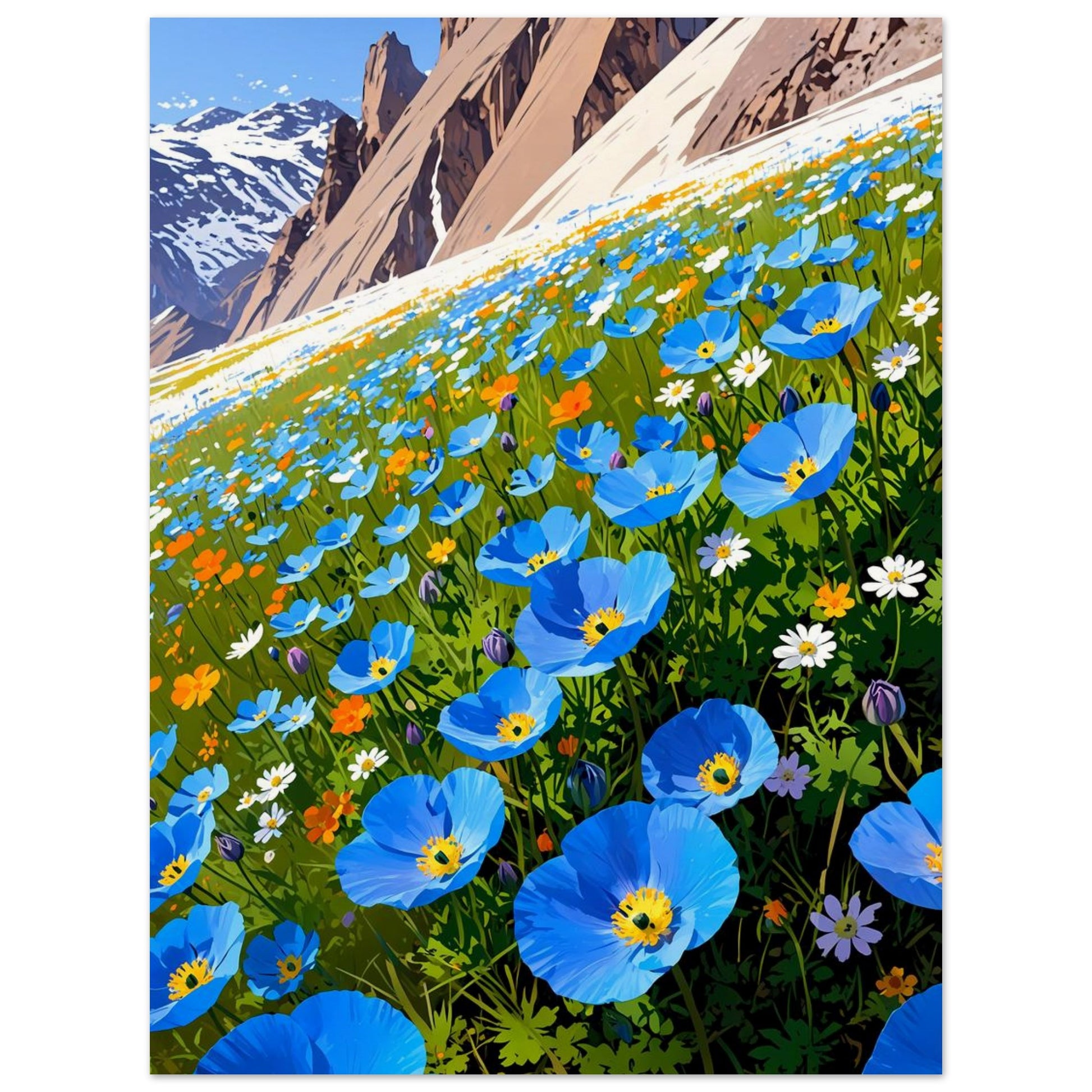 Affiche illustrée Champ de pavots bleus de l'Himalaya — poster rétro, impression beaux-arts 250g